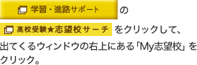 「学習・進路サポート」の「高校受験★志望校サーチ」をクリックして、出てくるウィンドウの右上にある「My志望校」をクリック。
