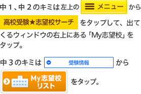中１、中２のキミは左上の「メニュー」から「高校受験★志望校サーチ」をタップして、出てくるウィンドウの右上にある「My志望校」をタップ。 中３のキミは「受験情報」から「My志望校リスト」をタップ。
